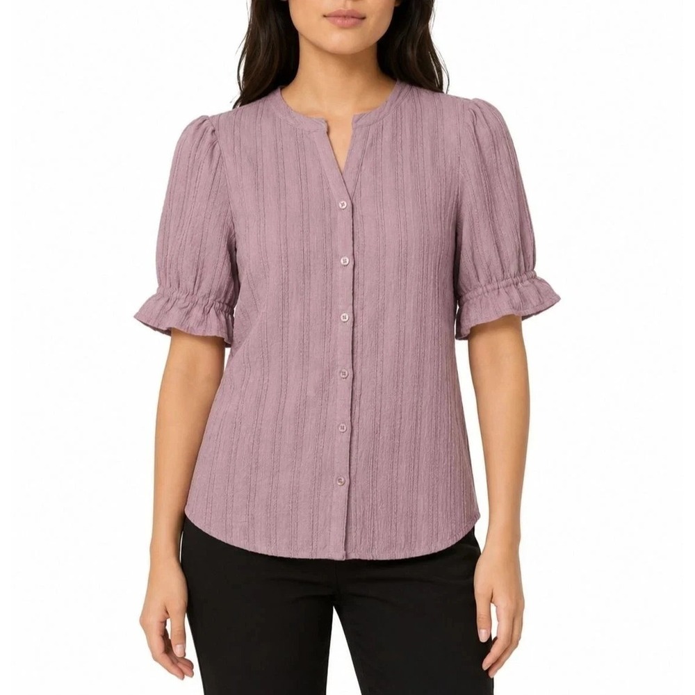 Cable & Gauge Women Button-Front Short Sleeve Ruffle Blouse Medium NWT